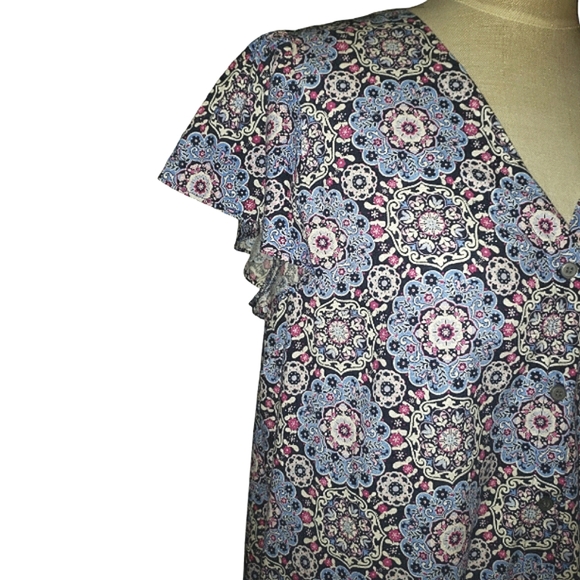 Loft Medallion Print Button Front Drop Waist Ruffle Flounce Mini Swing Dress L - Picture 7 of 16